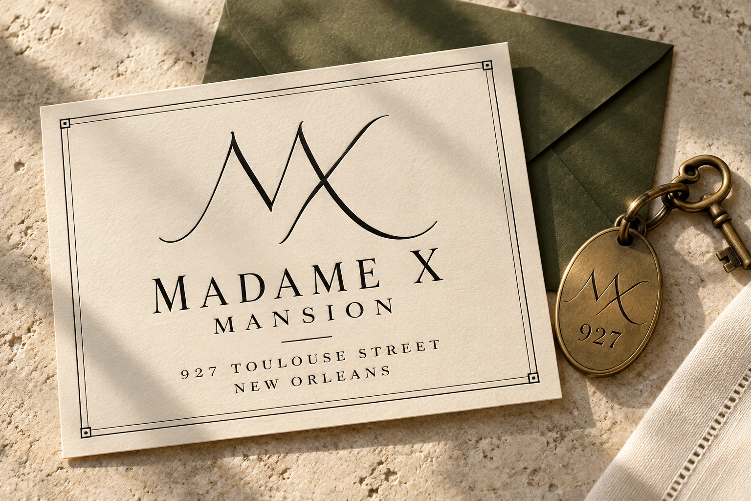 Concept rendering of an ivory Madame X correspondence card, an olive envelope, and a brass key bearing an MX monogram.